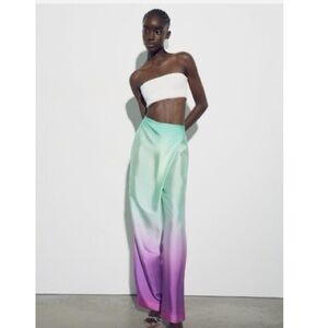 Zara Women's Green Purple Ombre Wide Leg Pareo High Waist Pants Size Large